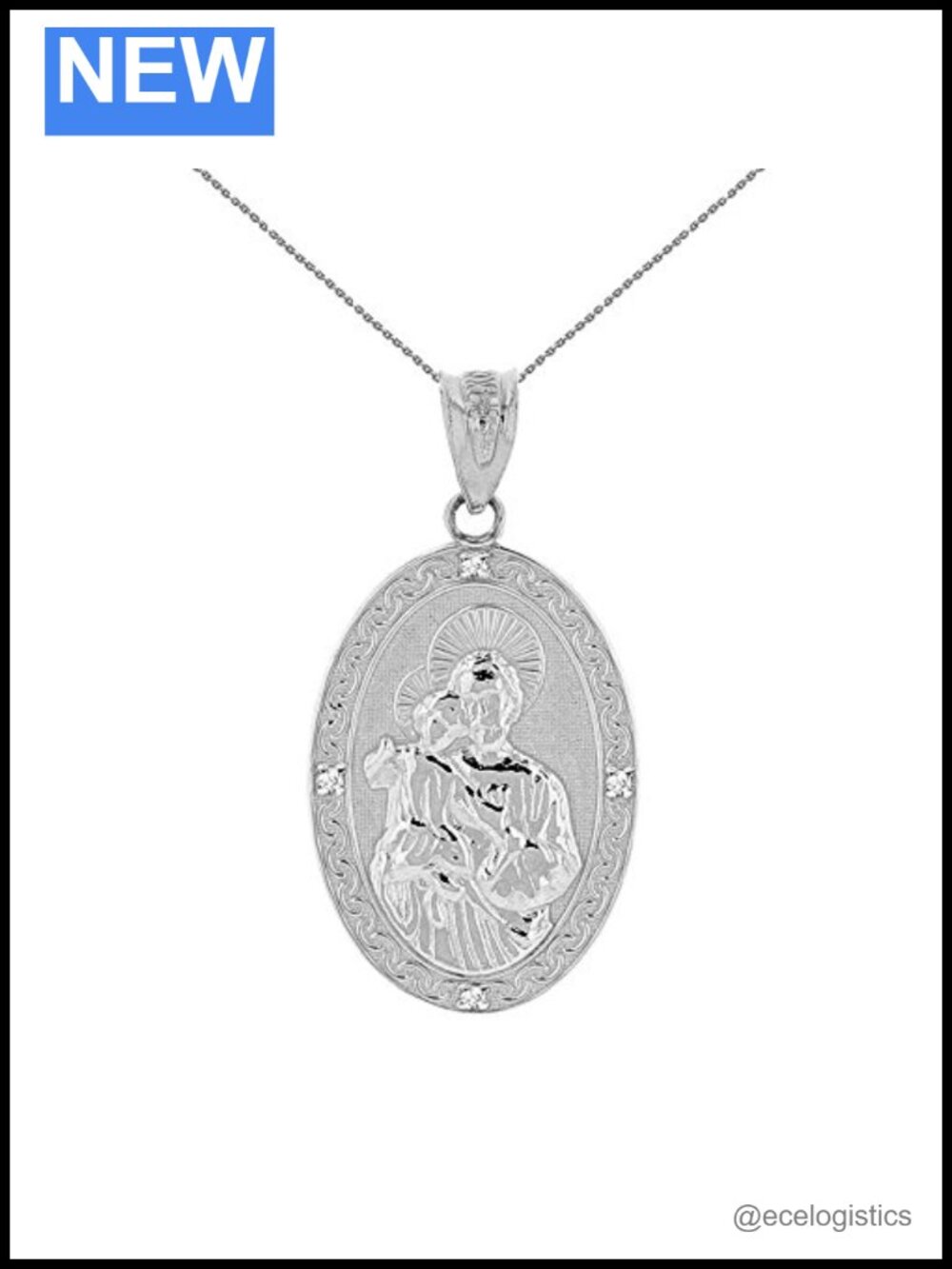 925 Sterling Silver Saint Joseph Medallion CZ Oval Pendant Necklace